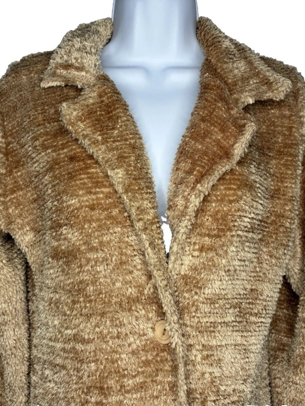 Vintage 90s Pretty Good Chenille Sweater Coat Size M Golden Brown Shag Longline - Picture 2 of 8